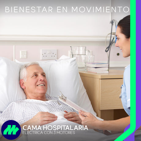 Cama Hospitalaria Eléctrica 3 Motores Posiciones Multi-Ajustables con Colchón Control Remoto Barandales Porta Suero Altura Ajustable