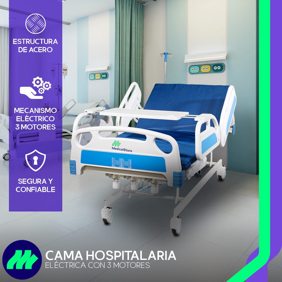 Cama Hospitalaria Eléctrica 3 Motores Posiciones Multi-Ajustables con Colchón Control Remoto Barandales Porta Suero Altura Ajustable