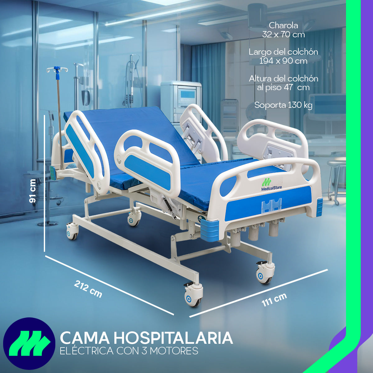 Cama Hospitalaria Eléctrica 3 Motores Posiciones Multi-Ajustables con Colchón Control Remoto Barandales Porta Suero Altura Ajustable