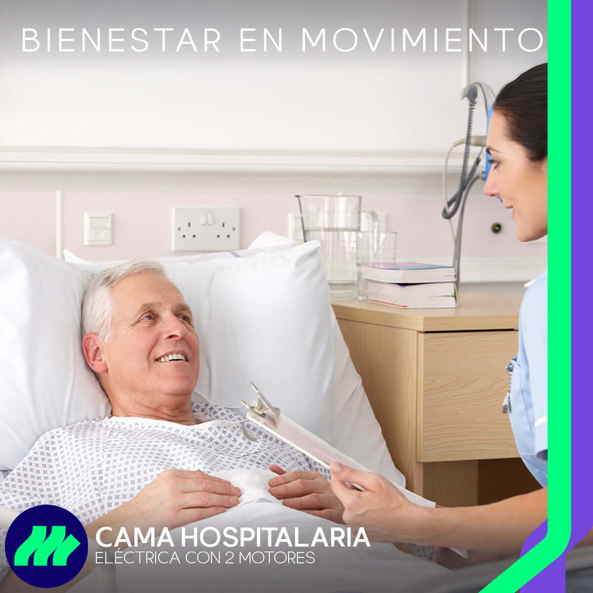 Cama Hospitalaria Eléctrica 2 Motores Con Altura Ajustable Y Posiciones Colchón Barandales Porta Suero Control Remoto Mesa