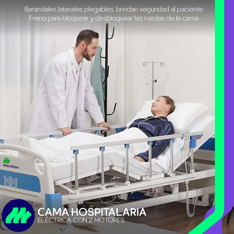 Cama Hospitalaria Eléctrica 2 Motores Con Altura Ajustable Y Posiciones Colchón Barandales Porta Suero Control Remoto Mesa