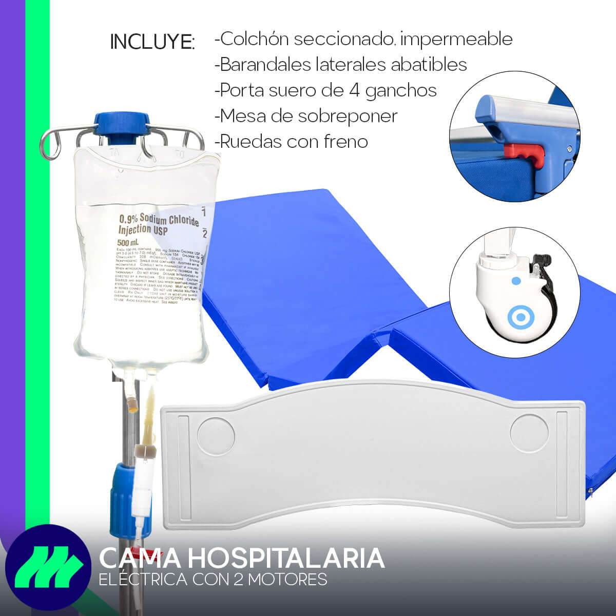 Cama Hospitalaria Eléctrica 2 Motores Con Altura Ajustable Y Posiciones Colchón Barandales Porta Suero Control Remoto Mesa