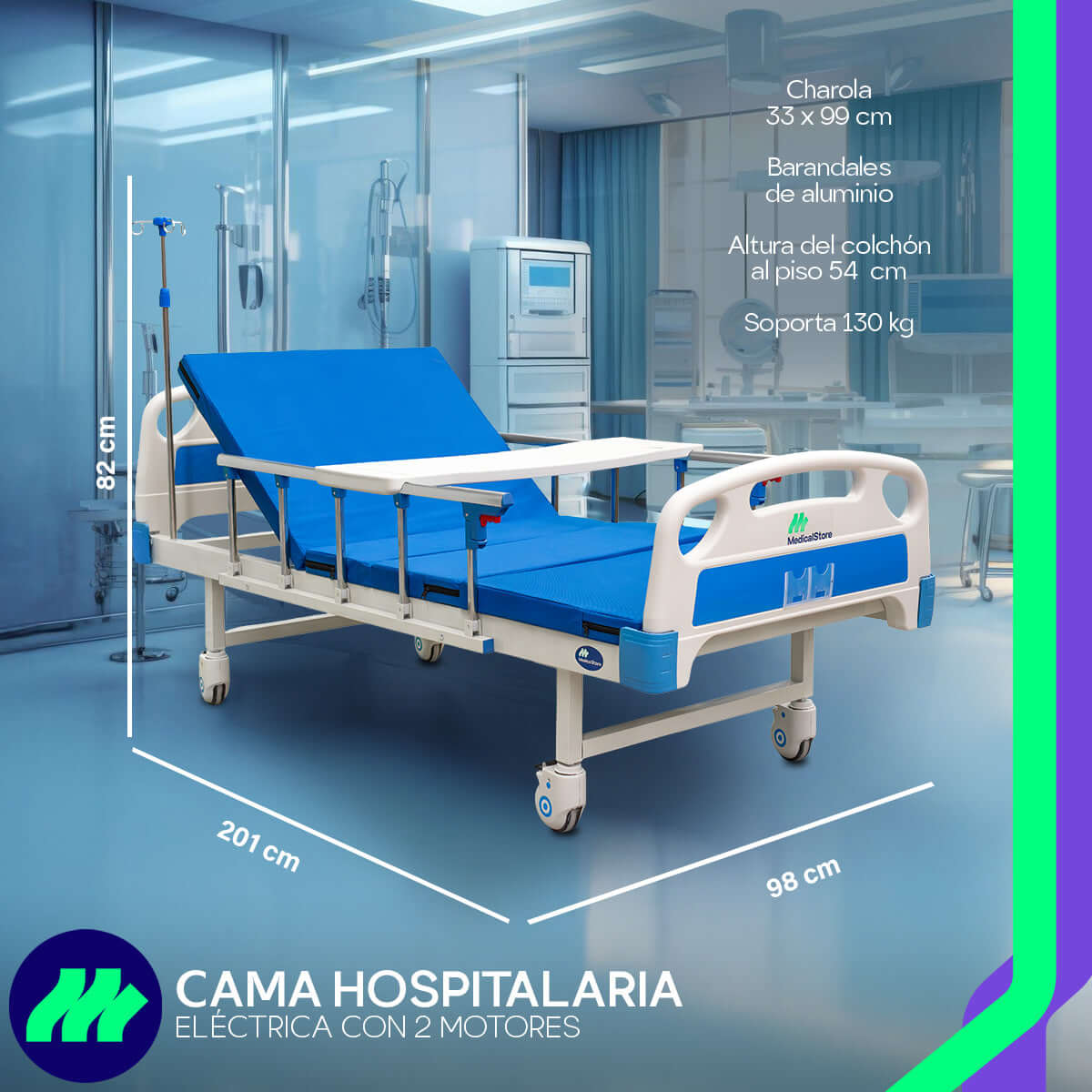 Cama Hospitalaria Eléctrica 2 Motores Con Altura Ajustable Y Posiciones Colchón Barandales Porta Suero Control Remoto Mesa