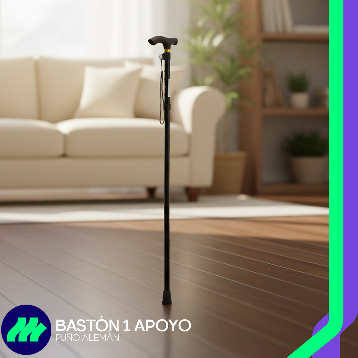 Bastón completamente extendido mostrando su estructura firme y altura ajustable para una postura cómoda y estable.