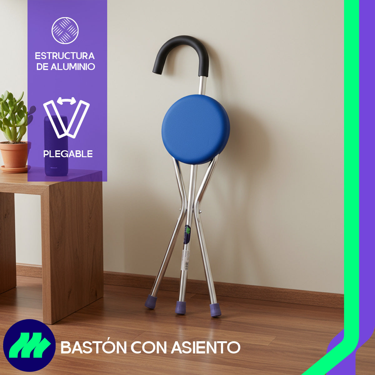 Bastón Silla Asiento Plegable Ajustable Portátil Aluminio Ligero