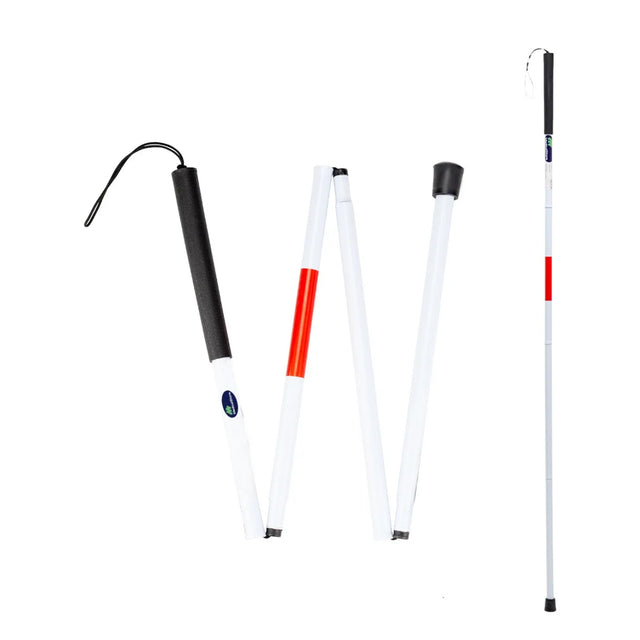 Bastón para invidente Medical Store plegable de 4 secciones, diseño blanco con rojo reflectante para mayor visibilidad y seguridad.