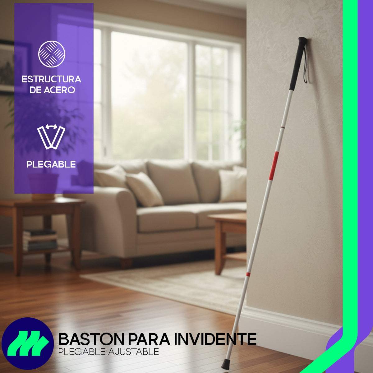 Incluye correa ajustable para la muñeca, ayudando a mantener el bastón siempre sujeto y evitando caídas accidentales.