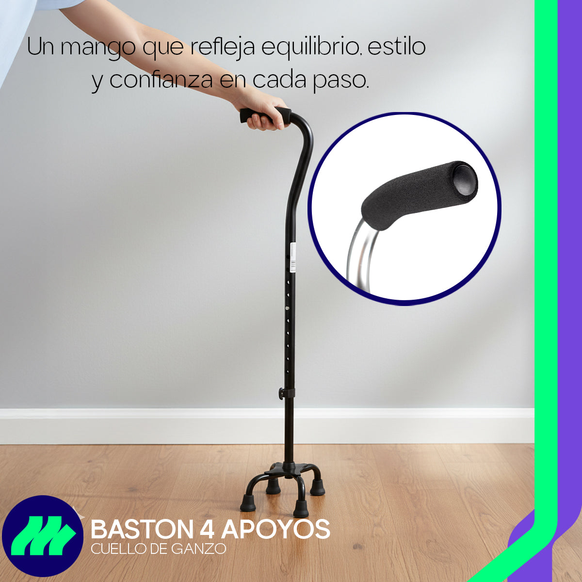 Bastón 4 Apoyos Ajustable De Aluminio Antiderrapante Ligero Estable Reforzado Ergonómico Seguro Cómodo Portátil Adultos Mayores