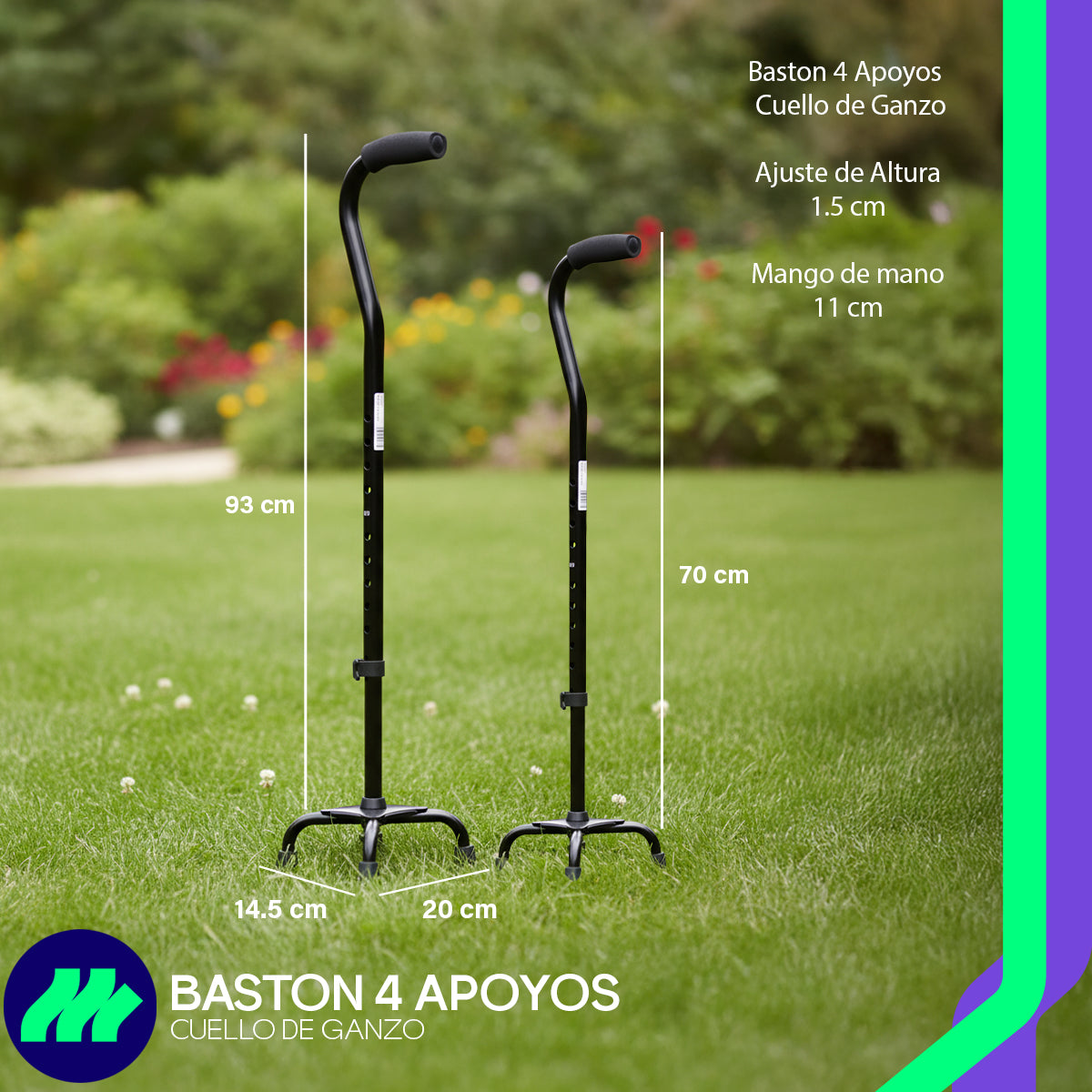 Bastón 4 Apoyos Ajustable De Aluminio Antiderrapante Ligero Estable Reforzado Ergonómico Seguro Cómodo Portátil Adultos Mayores