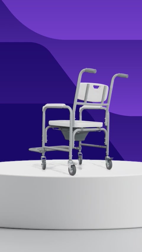 Silla Cómodo Ducha y Aumento para WC 3 en 1 de acero cromado con ruedas giratorias y asiento acojinado cubeta extraíble frenos de seguridad